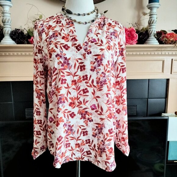 Adrianna Papell Floral Blouse Top M Multicolor V-Neck Long Sleeve Slipover - Picture 7 of 8